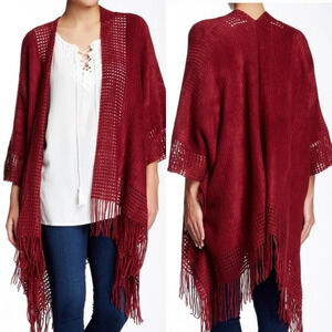 Max Edition Maroon Fringe‎ Knit Poncho Cardigan Womens OS Boho Hippie Western